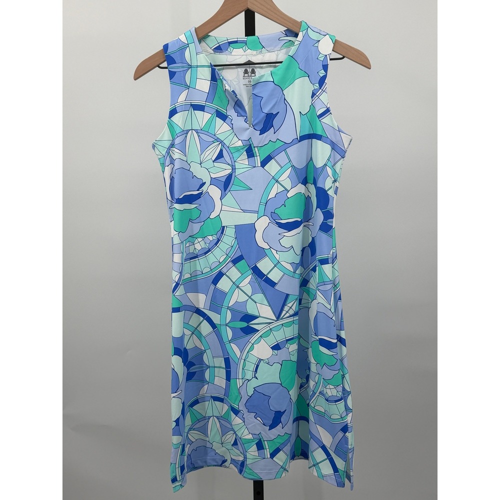 Kenny Dana Womens XS Sleeveless V Neck Shift Dress Stretch Floral Geometric Blue